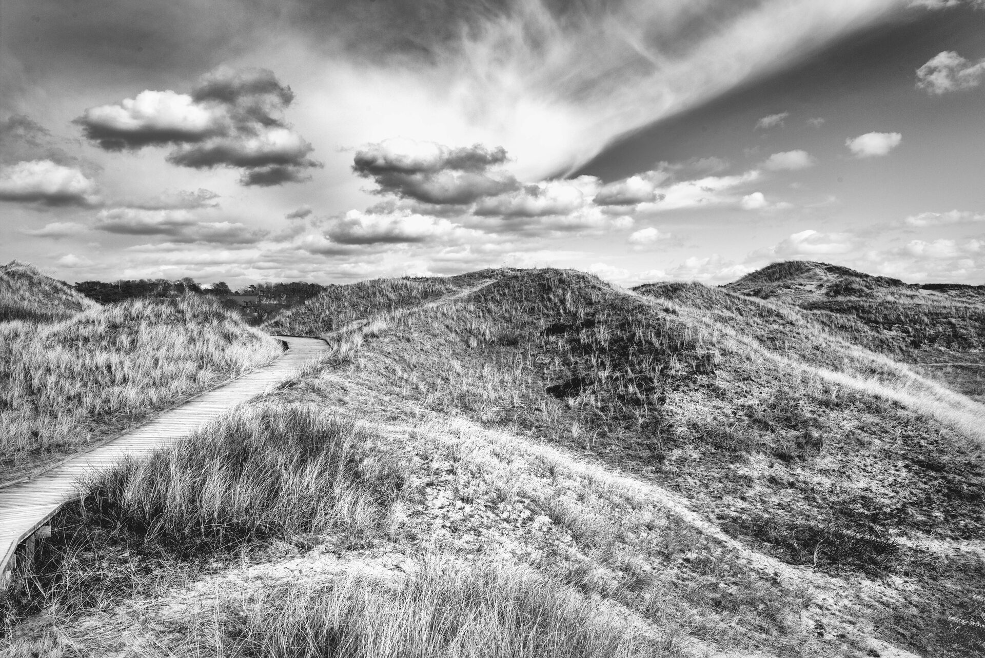 Spång genom kuperade sanddyner under molnig himmel, svartvitt