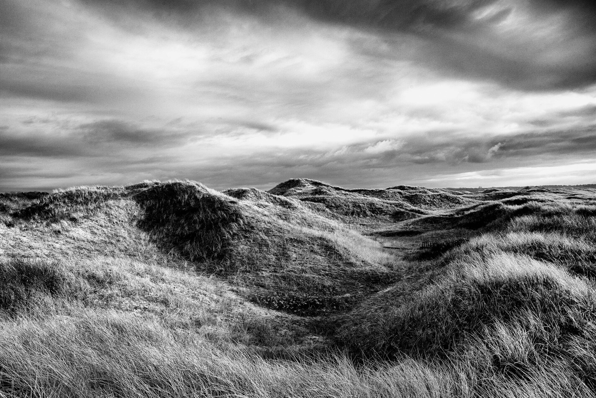 Vidsträckt dynlandskap med djupa dalar och dramatisk himmel, svartvitt